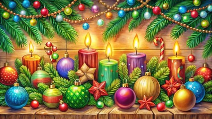 Vibrant festive illustration of a merry Christmas scene, adorned with colorful ornaments, garlands, and candles, awaiting customization with markers or colored pencils.