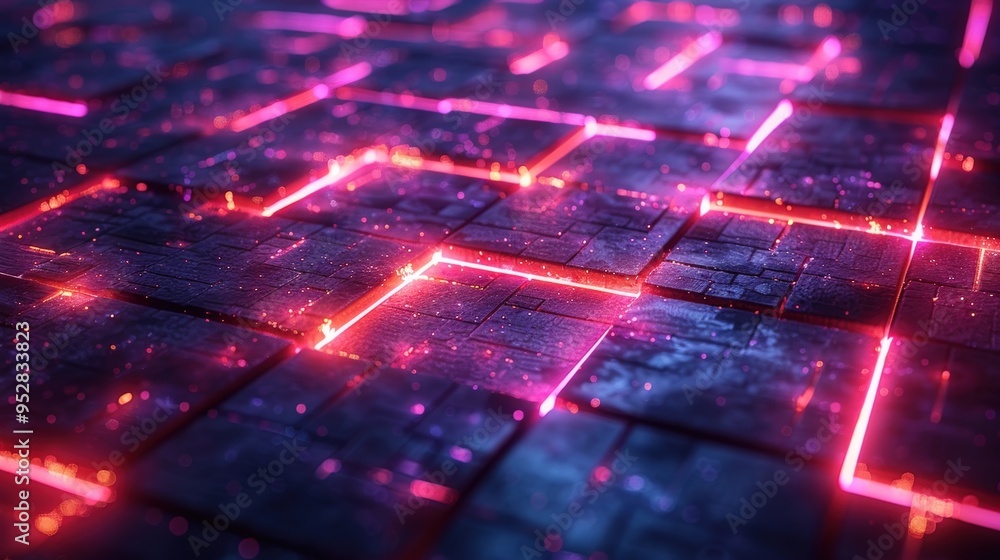 Aufkleber a captivating abstract image featuring a grid of squares illuminated by vibrant neon lights.