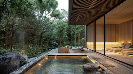 Fototapeta premium Modern Minimalist Japanese Architecture with Outdoor Pool and Zen Garden