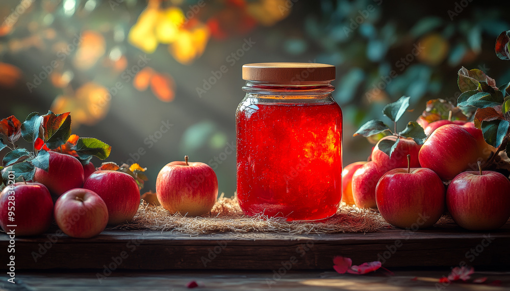 Poster a jar of red apple cider sits on a table with several apples. the apples are arranged in a way that 