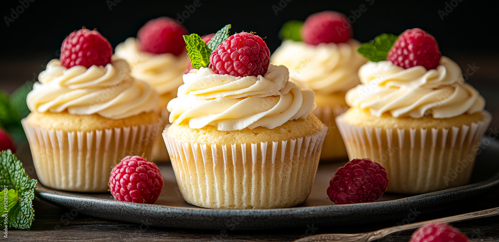 Poster a plate of cupcakes with raspberries on top. the cupcakes are frosted and have a light, fluffy textu
