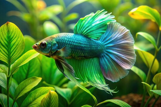 Vibrant green betta fish swims solo in a serene aquarium surrounded by lush aquatic plants and soft ripples of gentle water movement.