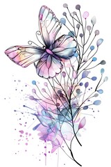 Obraz premium Watercolor sketch of a butterfly perched on a blossom, surrounded by dew droplets, isolated on a white background, featuring a modern and colorful botanical theme.