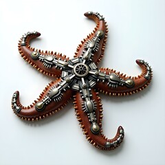 Obraz premium A starfish with each arm made of articulated metal segments, adorned with tiny gears and pistons.