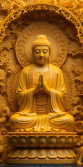 Vertical banner of a Buddha statue made of orange stone. Religious template concept of peace, acceptance and spirituality.