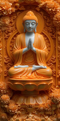 Fototapeta premium Vertical banner of a Buddha statue made of orange stone. Religious template concept of peace, acceptance and spirituality.