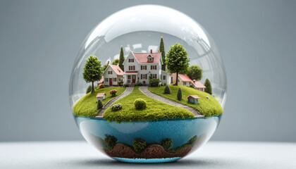 conceptual representation of a small village wrapped in a bubble, village as a self-contained system