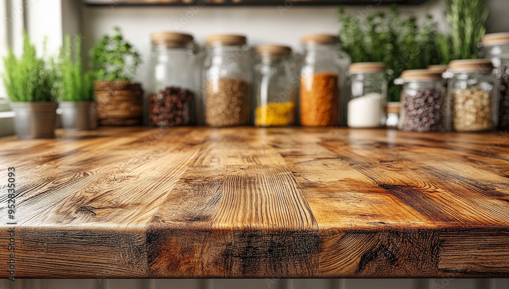 Poster a wooden counter top with a variety of spices and herbs in jars. the jars are arranged in a way that