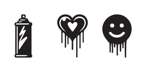 Spray-painted black graffiti with hand-drawn, grunge components that drip. Icons for a heart, crown, checkmark, and smiling are spray brush textures. Stylish urban vector image of symbols from street 