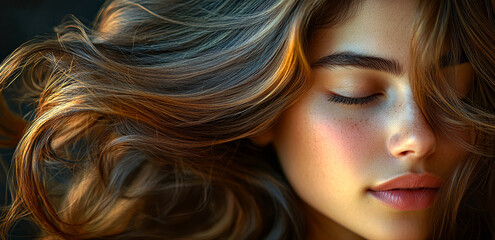 A woman with long brown hair and a light brown face. She has a light pink lip color