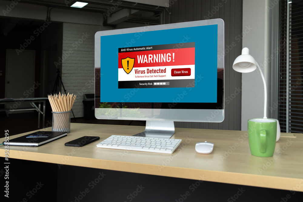 Poster virus warning alert on computer screen detected modish cyber threat , hacker, computer virus and mal