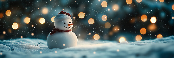 Um boneco de neve feliz no fundo do inverno, luzes de natal ao fundo