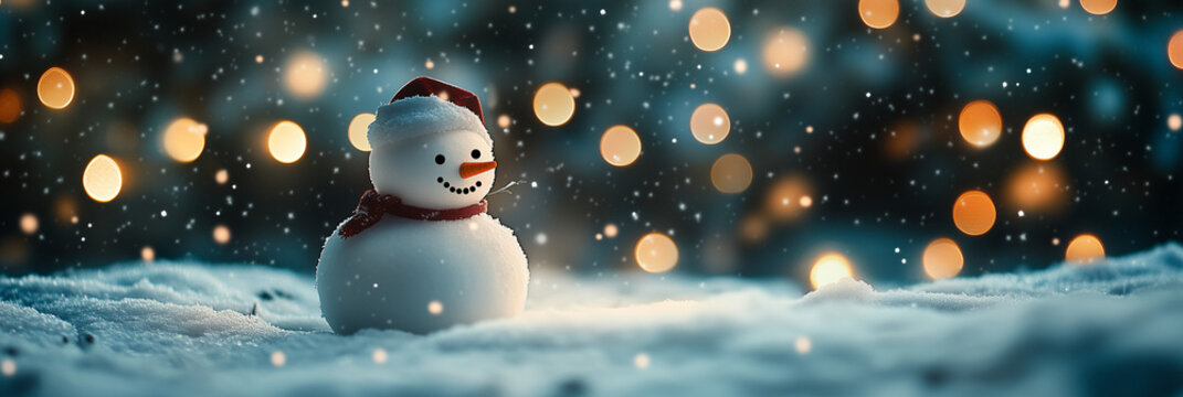 Um boneco de neve feliz no fundo do inverno, luzes de natal ao fundo