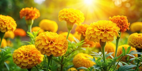 Vibrant marigold yellow flowers bloom in a lush garden, surrounded by lush greenery, with delicate petals and golden centers shining brightly in the warm sunlight.