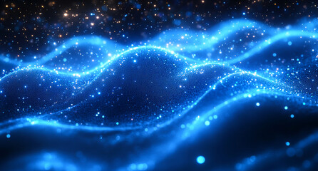 Obraz premium The image is a blue wave with a lot of glitter on it. The glitter is scattered all over the wave, giving it a sparkling and ethereal appearance