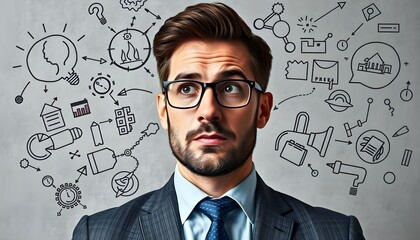 Young businessman with creative  thinking icons question mark, fire, clock and building on white board. Concept of creative thinking business intelligence and data analytics. 