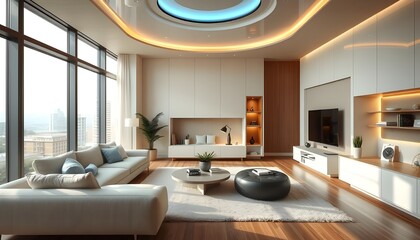 Modern room with interior well furniture and dynamic futuristic technology, the concept of real estate, selling buying house.