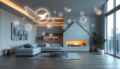 Smart room with digital icons well furnished furniture futuristic technology, the concept of all devices are connected with internet.