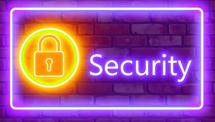 Digital Neon padlock written on the bricks wall, the concept of cyber security futuristic information technology.
