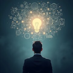 Young businessman with creative thinking icons and futuristic  technology. Concept of dynamic business  intelligence and data analytics with digital technology.