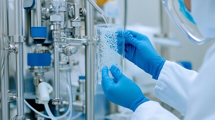 Technician using ultrafiltration for biopharmaceutical concentration, protein processing, drug preparation