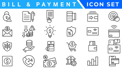 Set of fintech modern icons. Simple line art style icons pack. Vector illustration.Set outline Minimalist thin linear web icon set. vector illustration.Outline icon