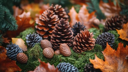 Obraz premium a display of pine cones and chestnuts on moss, creating a serene fall ambiance, ideal for a postcard design or banner concept