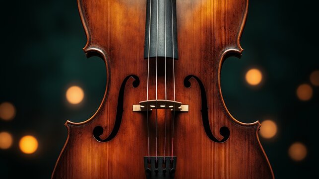 Close-Up of a Classic Violin with Warm Wood Tones and Soft Bokeh Lights in the Background, Emphasizing the Elegance and Craftsmanship of the Instrument in a Minimalist Composition