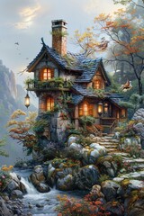 Fototapeta premium A fantastical dwelling with floating lanterns and a spiraled chimney is surrounded by a vibrant patchwork of wildflowers, with a dense, magical forest creating a fairy-tale setting.