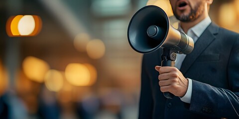 Bearded man in a suit speaking into a megaphone under warm ambient lights
