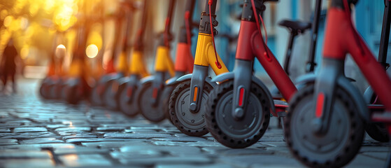 Fototapeta premium Electric Scooters Parked Neatly Along a Sidewalk | Urban Mobility and Sustainable Transport Solutions