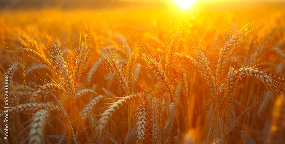 Poster a field of golden wheat with the sun shining on it. the sun is setting in the background, creating a