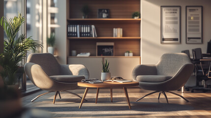 Office lounge space with comfortable chairs and coffee table, perfect for informal meetings and relaxation