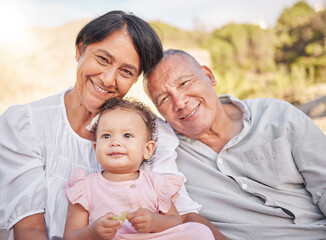 Grandparents, portrait and baby outdoor with smile, travel and summer vacation in park. Holiday, family and youth together with care, bonding and love with happy senior people and child in nature