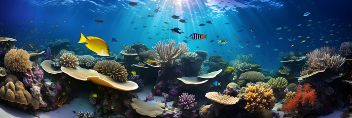 Obraz premium Illuminated Underwater World - A Vivid Rendezvous of Marine Life and Coral Architecture in HD