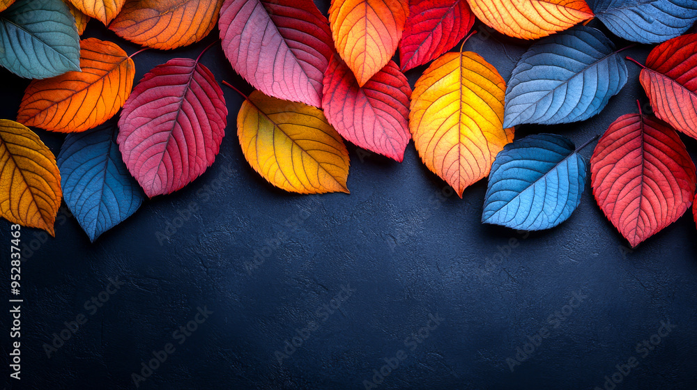 Poster a colorful leafy border on a black background. the leaves are of different colors and sizes, creatin