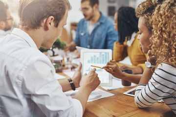 Tablet, team planning and business people with data, information and analysis in creative startup....