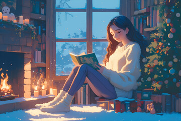 Cozy Girl reading a book by the warm fireplace on a snowy winter night. Anime style, Cozy vibes