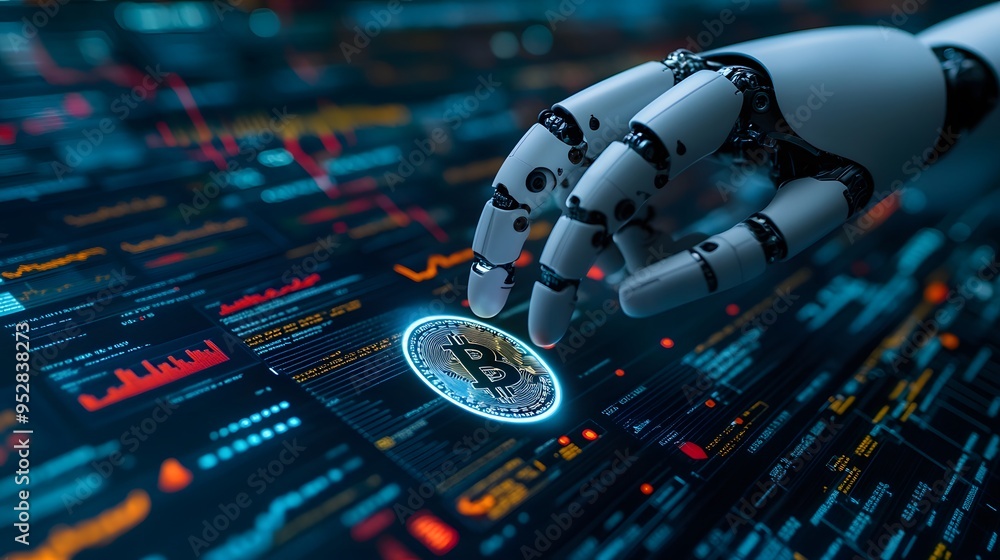 Aufkleber futuristic robotic hand analyzing digital cryptocurrency data with holographic bitcoin symbol