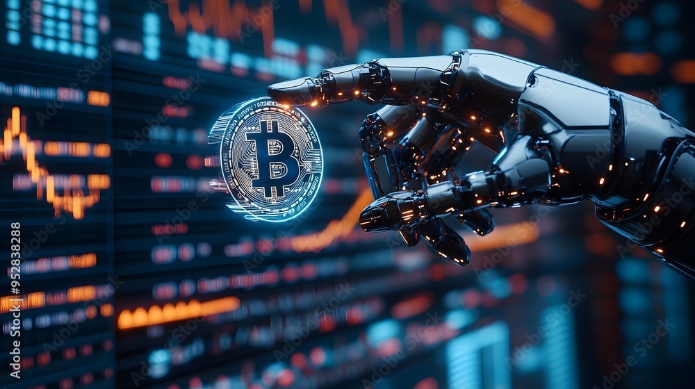 Aufkleber futuristic robotic hand analyzing digital cryptocurrency data with holographic bitcoin symbol