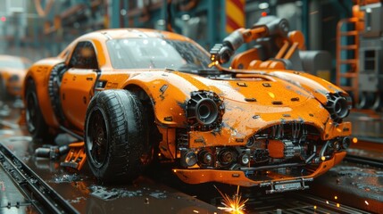 Fototapeta premium A futuristic orange car on an assembly line.