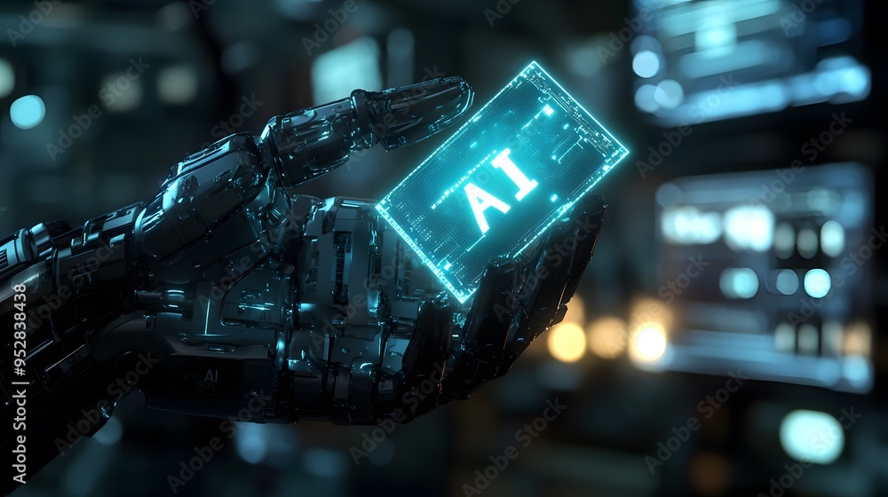 Poster robotic hand holding an ai microchip in a futuristic technology lab