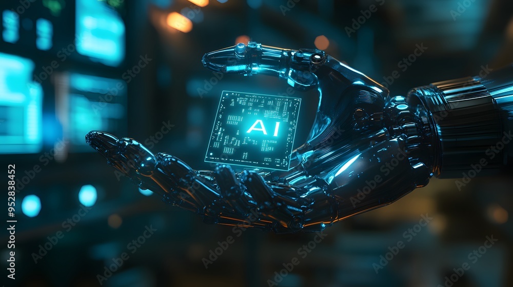 Poster robotic hand holding an ai microchip in a futuristic technology lab