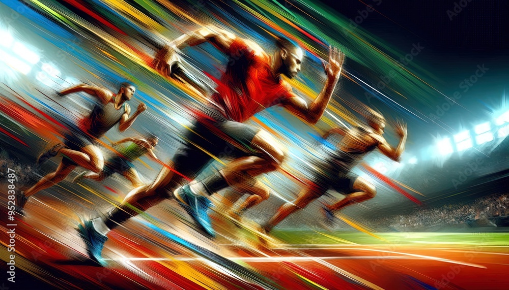 Poster blurred image of athletes running a race on a track with colorful streaks, signifying speed and ener