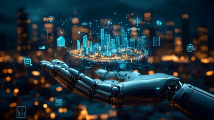 Robotic hand showcasing a virtual cityscape with futuristic data overlays