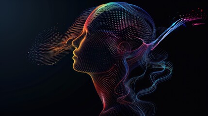 Drawing of a human head on a colorful abstract background, surrounded by digital sparkles and holographic effects.