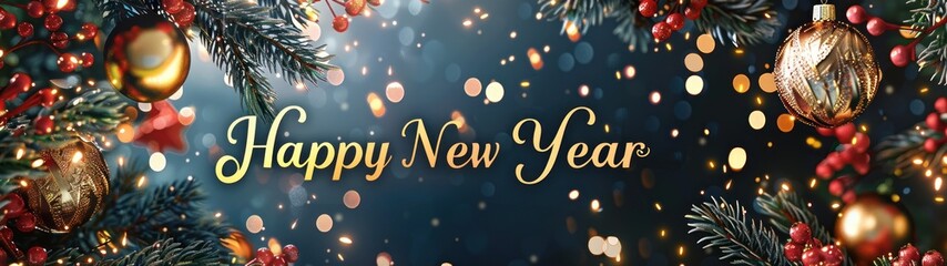 Holiday banner with fir branches and holiday decorations saying "Happy New Year" in bright gold color, perfect for seasonal greetings and celebrations.