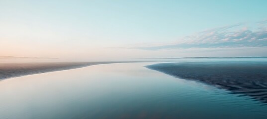 A calm, misty beach at dawn with a clear sky area for text