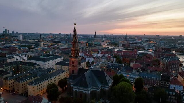 4k Aerial view of famous places architectural landmarks Copenhagen cityscape with Church of Our Saviour. Denmark