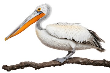 Obraz premium Dalmatian Pelican Bird Perched on a Branch on a White Background, Realistic Photo, Wallpaper, Cover and Screen for Smartphone, Cell Phone, PC, Laptop, 9:16 and 16:9 Format